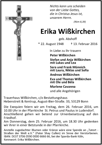 Anzeige von Erika Wißkirchen von  Schaufenster/Blickpunkt am Wochenende 