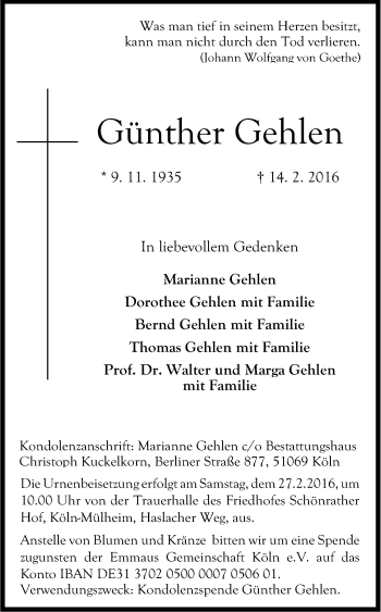 Anzeige von Günther Gehlen von Kölner Stadt-Anzeiger / Kölnische Rundschau / Express