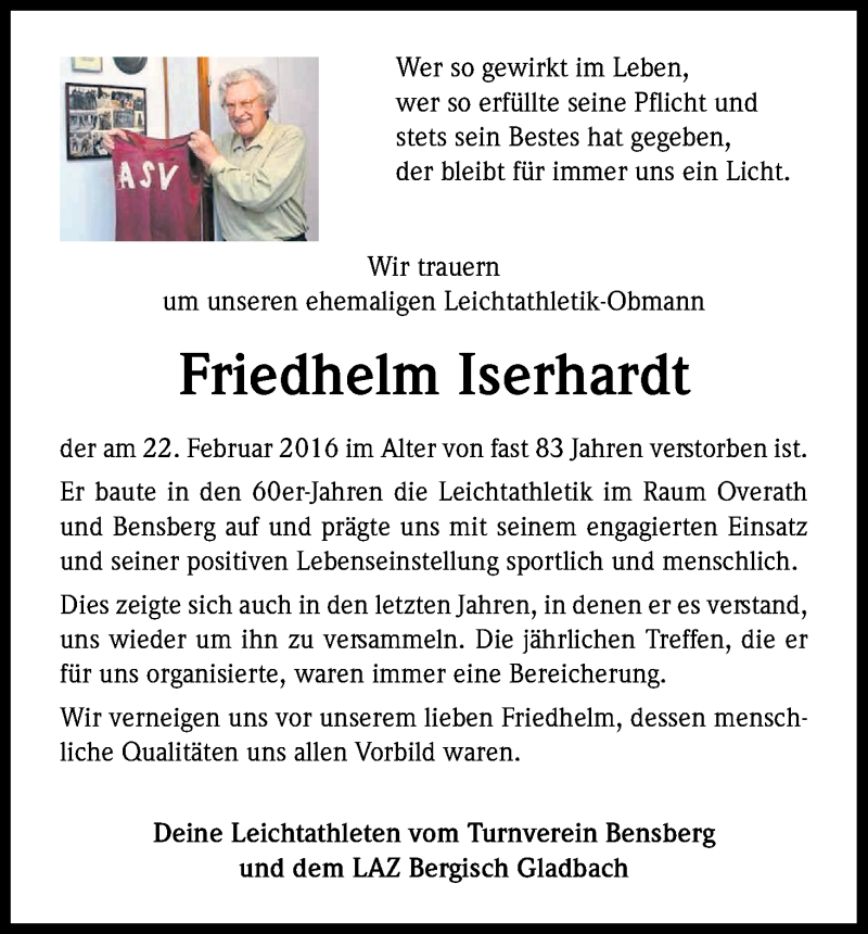  Traueranzeige für Friedhelm Iserhardt vom 27.02.2016 aus Kölner Stadt-Anzeiger / Kölnische Rundschau / Express