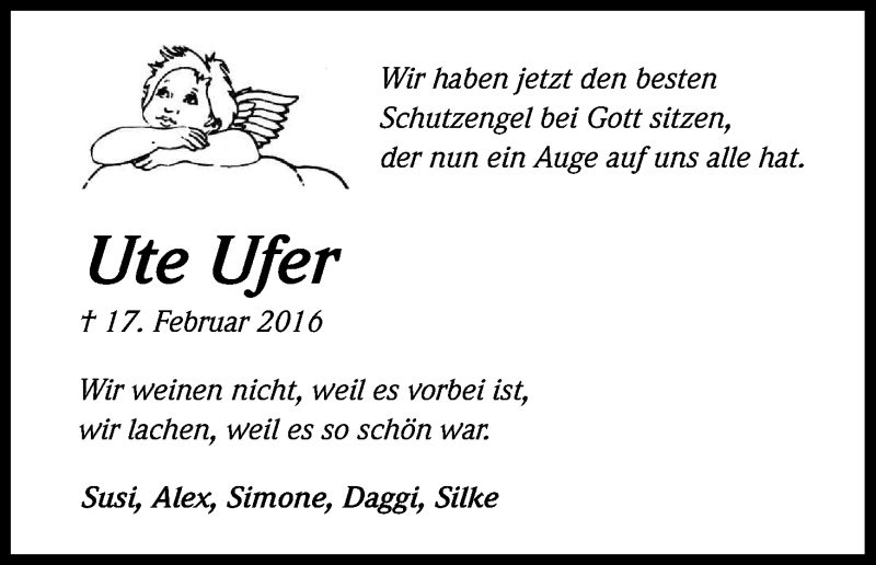  Traueranzeige für Ute Ufer vom 24.02.2016 aus Kölner Stadt-Anzeiger / Kölnische Rundschau / Express