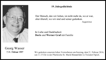 Anzeige von Georg Wasser von Kölner Stadt-Anzeiger / Kölnische Rundschau / Express