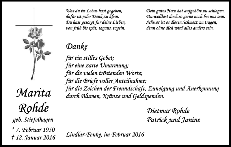  Traueranzeige für Marita Rohde vom 27.02.2016 aus Kölner Stadt-Anzeiger / Kölnische Rundschau / Express