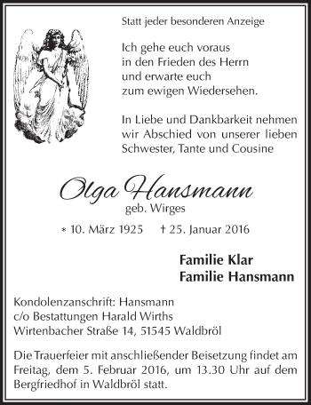 Anzeige von Olga Hansmann von  Lokalanzeiger 