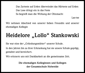 Anzeige von Heidelore Stankowski von Kölner Stadt-Anzeiger / Kölnische Rundschau / Express