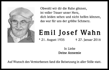 Anzeige von Emil Josef Wahn von Kölner Stadt-Anzeiger / Kölnische Rundschau / Express