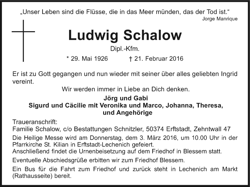  Traueranzeige für Ludwig Schalow vom 27.02.2016 aus Kölner Stadt-Anzeiger / Kölnische Rundschau / Express