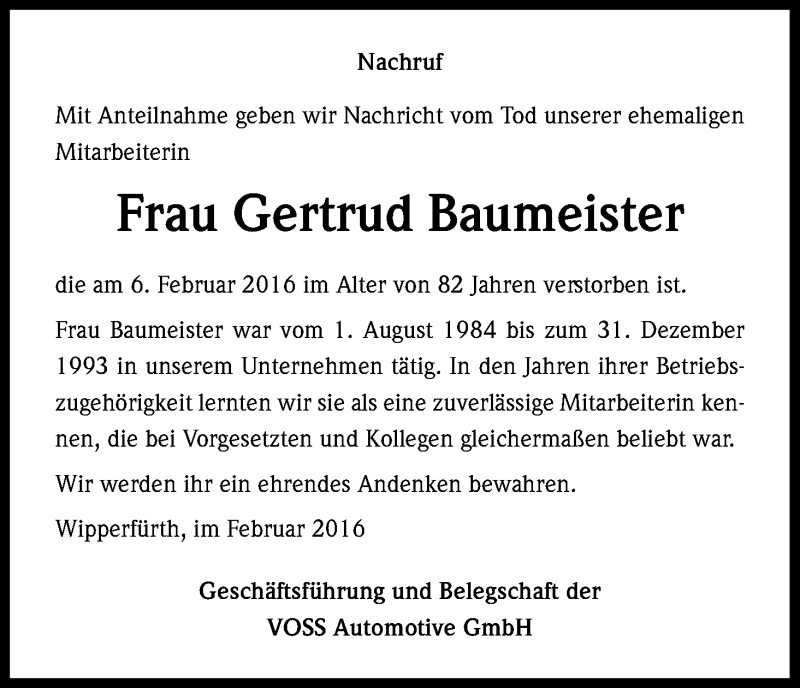  Traueranzeige für Gertrud Baumeister vom 16.02.2016 aus Kölner Stadt-Anzeiger / Kölnische Rundschau / Express