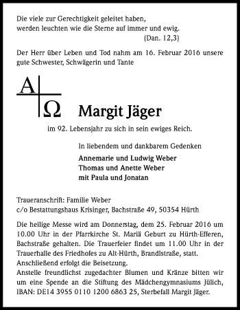 Anzeige von Margit Jäger von Kölner Stadt-Anzeiger / Kölnische Rundschau / Express