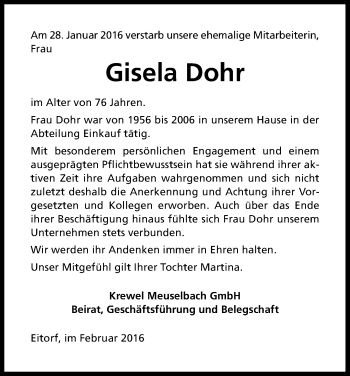 Anzeige von Gisela Dohr von Kölner Stadt-Anzeiger / Kölnische Rundschau / Express