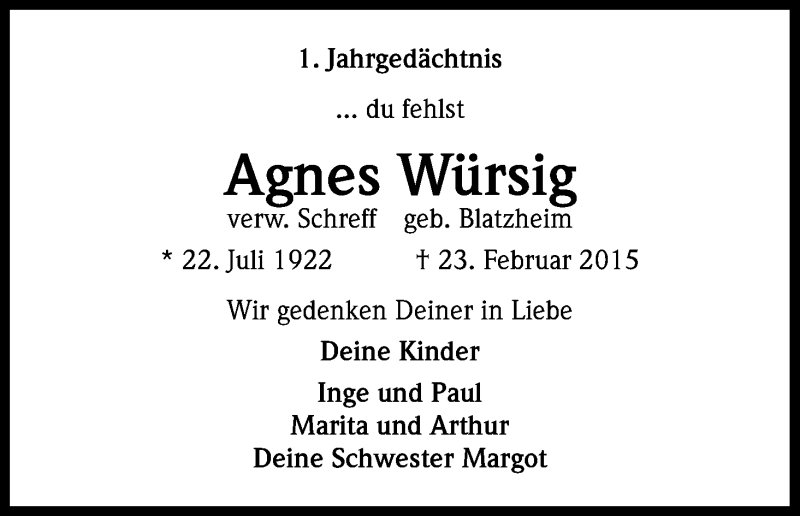  Traueranzeige für Agnes Würsig vom 23.02.2016 aus Kölner Stadt-Anzeiger / Kölnische Rundschau / Express