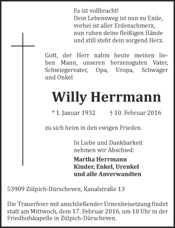 Anzeige von Willy Herrmann von  Blickpunkt Euskirchen 