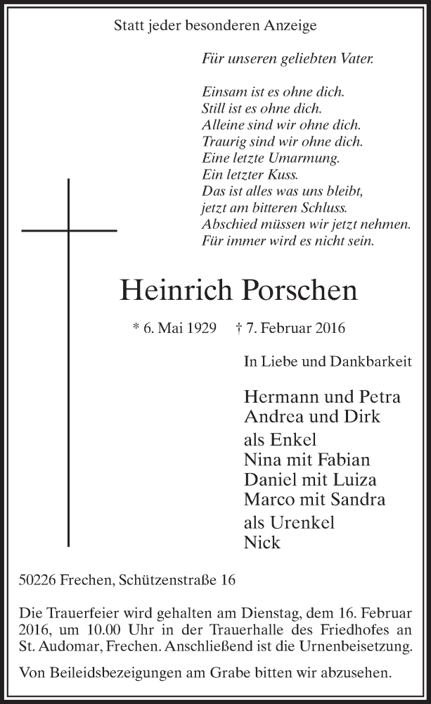  Traueranzeige für Heinrich Porschen vom 13.02.2016 aus  Sonntags-Post 