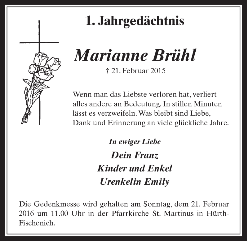  Traueranzeige für Marianne Brühl vom 17.02.2016 aus  Wochenende  Schlossbote/Werbekurier 