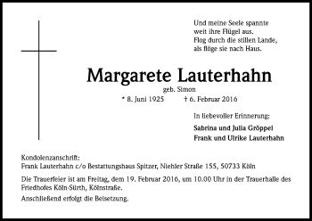 Anzeige von Margarete Lauterhahn von Kölner Stadt-Anzeiger / Kölnische Rundschau / Express
