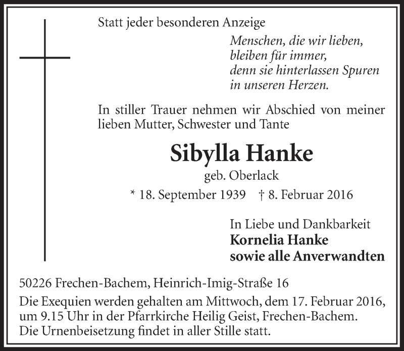  Traueranzeige für Sibylla Hanke vom 13.02.2016 aus  Sonntags-Post 