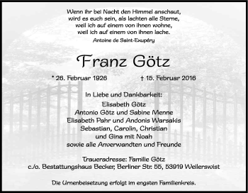 Anzeige von Franz Götz von Kölner Stadt-Anzeiger / Kölnische Rundschau / Express