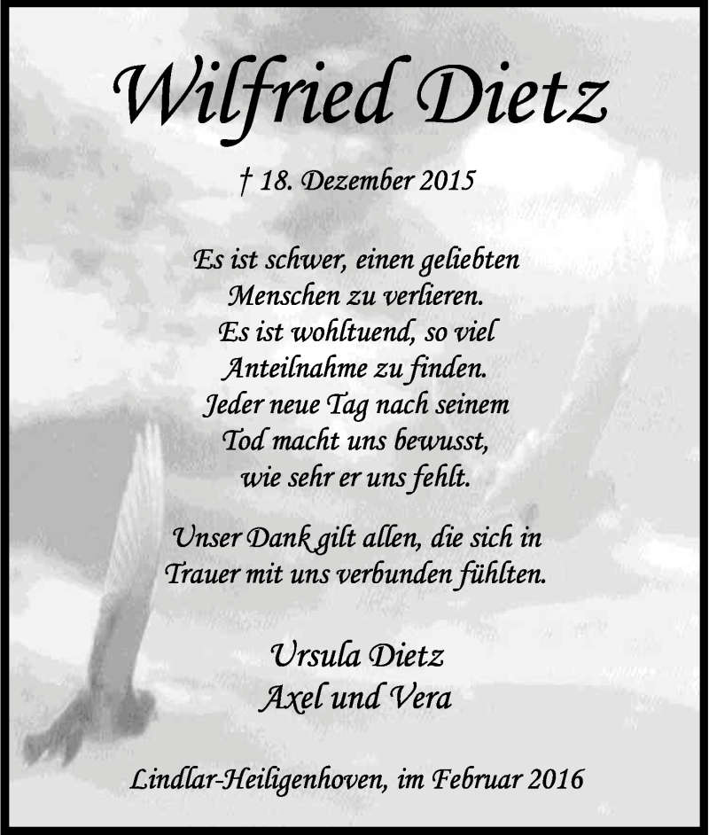  Traueranzeige für Wilfried Dietz vom 20.02.2016 aus Kölner Stadt-Anzeiger / Kölnische Rundschau / Express