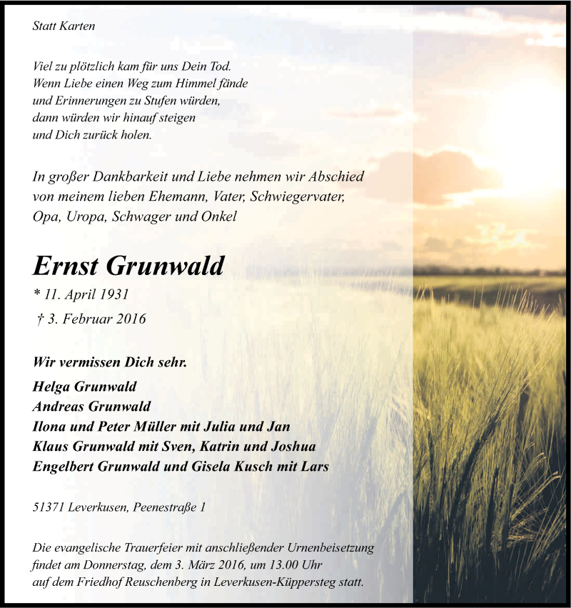  Traueranzeige für Ernst Grunwald vom 25.02.2016 aus Kölner Stadt-Anzeiger / Kölnische Rundschau / Express