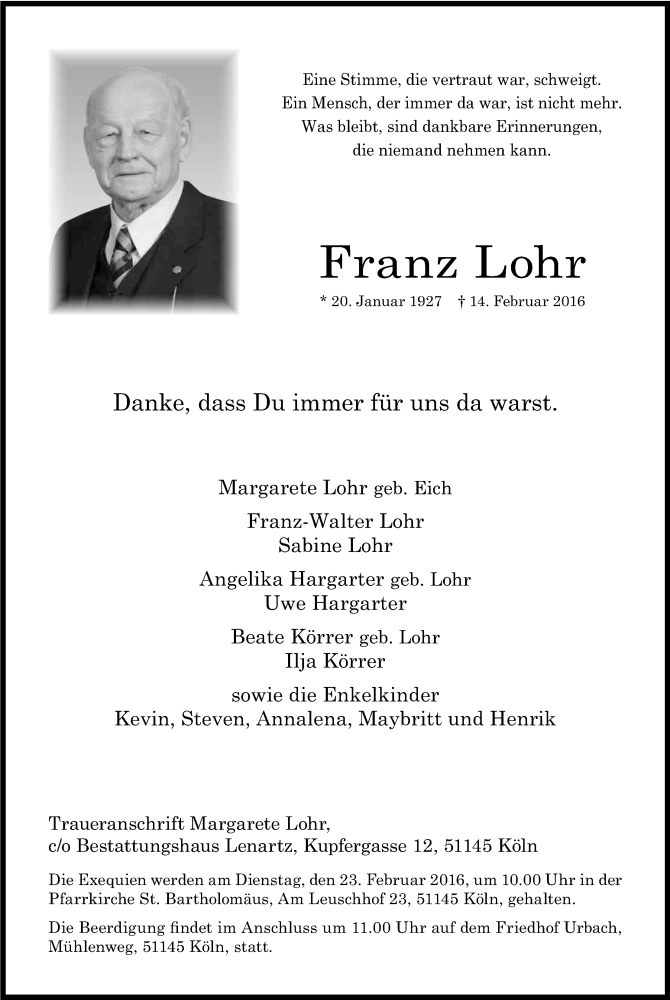  Traueranzeige für Franz Lohr vom 20.02.2016 aus Kölner Stadt-Anzeiger / Kölnische Rundschau / Express