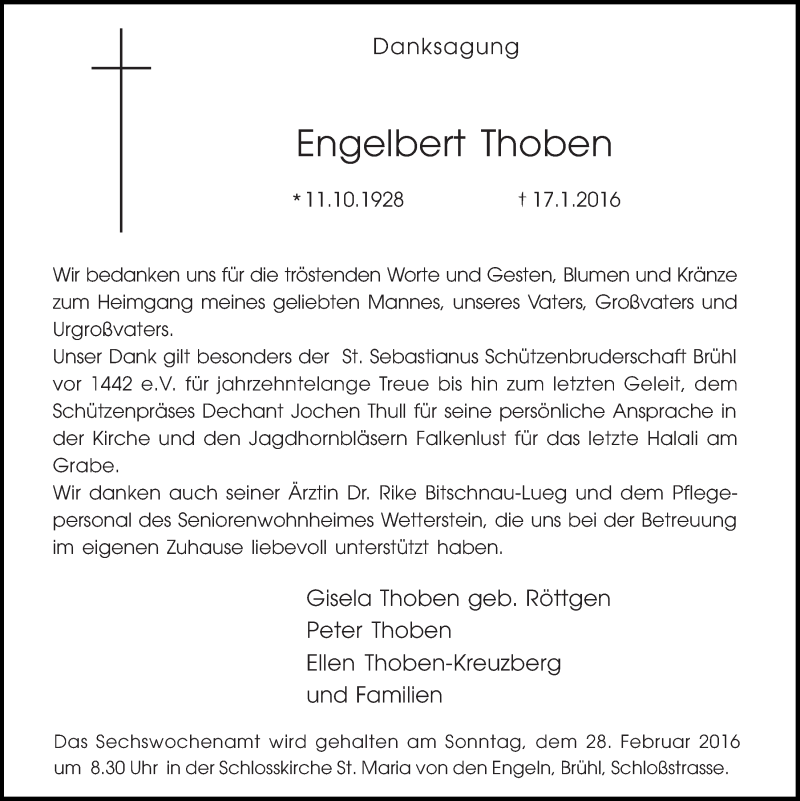  Traueranzeige für Engelbert Thoben vom 24.02.2016 aus  Schlossbote/Werbekurier 