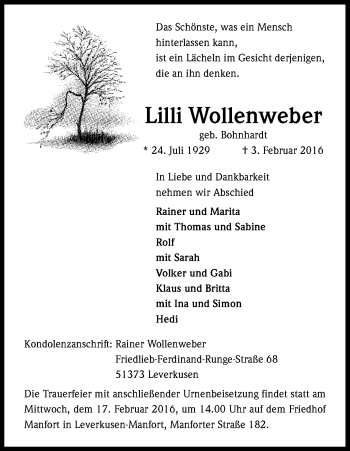 Anzeige von Lilli Wollenweber von Kölner Stadt-Anzeiger / Kölnische Rundschau / Express