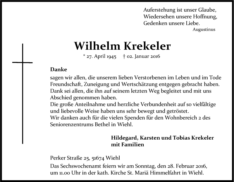  Traueranzeige für Wilhelm Krekeler vom 13.02.2016 aus Kölner Stadt-Anzeiger / Kölnische Rundschau / Express