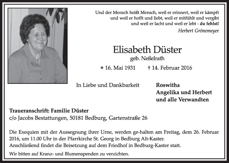  Traueranzeige für Elisabeth Düster vom 20.02.2016 aus  Sonntags-Post 