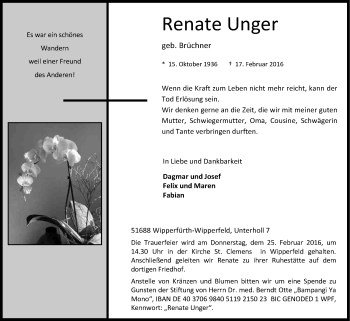 Anzeige von Renate Unger von Kölner Stadt-Anzeiger / Kölnische Rundschau / Express