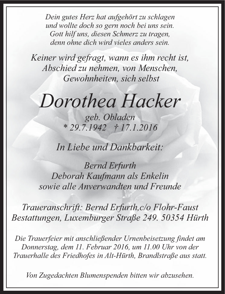  Traueranzeige für Dorothea Hacker vom 03.02.2016 aus  Wochenende 