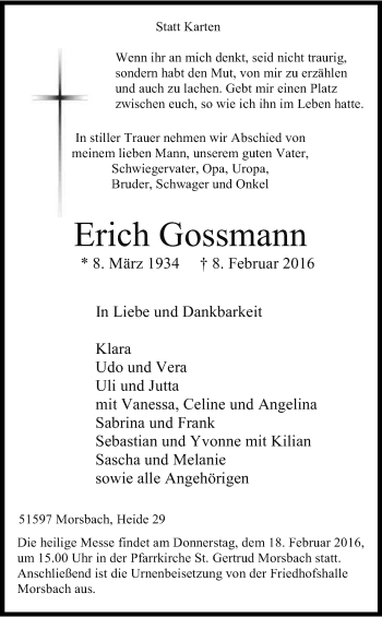 Anzeige von Erich Gossmann von Kölner Stadt-Anzeiger / Kölnische Rundschau / Express