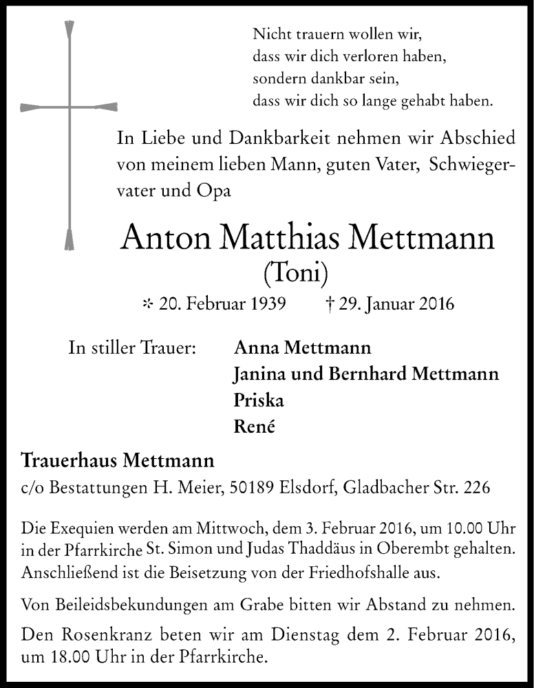  Traueranzeige für Anton Matthias Mettmann vom 03.02.2016 aus Kölner Stadt-Anzeiger / Kölnische Rundschau / Express