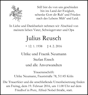 Anzeige von Julius Reusch von  Kölner Wochenspiegel 