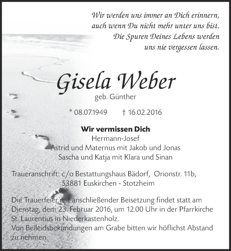  Traueranzeige für Gisela Weber vom 21.02.2016 aus  Blickpunkt Euskirchen 