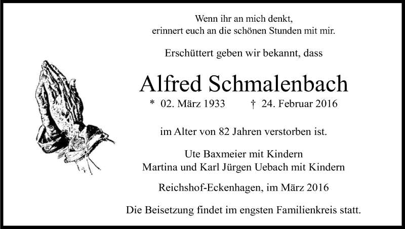  Traueranzeige für Alfred Schmalenbach vom 01.03.2016 aus Kölner Stadt-Anzeiger / Kölnische Rundschau / Express