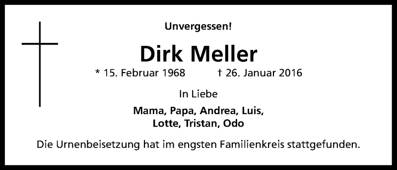  Traueranzeige für Dirk Meller vom 10.02.2016 aus Kölner Stadt-Anzeiger / Kölnische Rundschau / Express