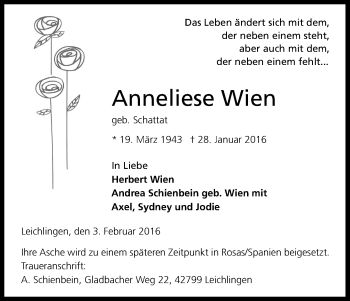 Anzeige von Anneliese Wien von Kölner Stadt-Anzeiger / Kölnische Rundschau / Express