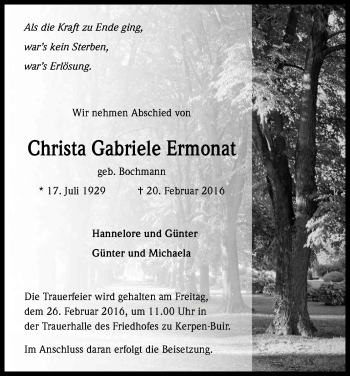 Anzeige von Christa Gabriele Ermonat von Kölner Stadt-Anzeiger / Kölnische Rundschau / Express