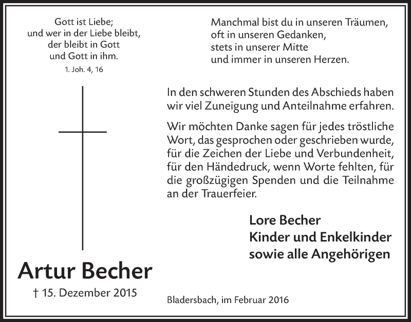  Traueranzeige für Artur Becher vom 03.02.2016 aus  Lokalanzeiger 