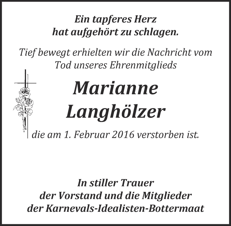  Traueranzeige für Marianne Langhölzer vom 10.02.2016 aus  Kölner Wochenspiegel 