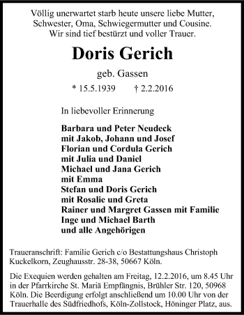 Anzeige von Doris Gerich von Kölner Stadt-Anzeiger / Kölnische Rundschau / Express