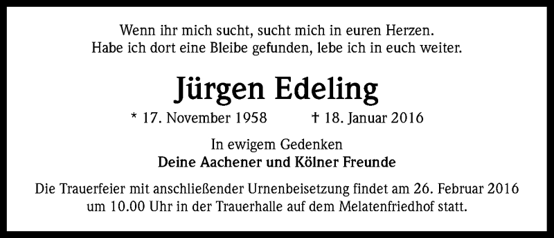  Traueranzeige für Jürgen Edeling vom 20.02.2016 aus Kölner Stadt-Anzeiger / Kölnische Rundschau / Express