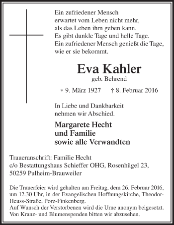 Anzeige von Eva Kahler 