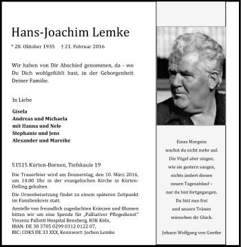 Anzeige von Hans-Joachim Lemke von Kölner Stadt-Anzeiger / Kölnische Rundschau / Express