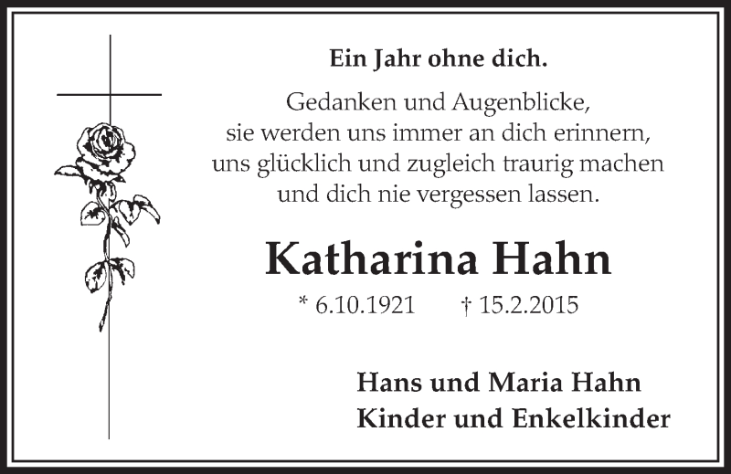  Traueranzeige für Katharina Hahn vom 17.02.2016 aus  Schlossbote/Werbekurier 