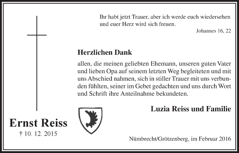  Traueranzeige für Ernst Reiss vom 17.02.2016 aus  Lokalanzeiger 
