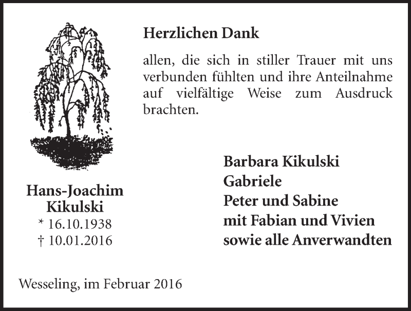  Traueranzeige für Hans-Joachim Kikulski vom 17.02.2016 aus  Schlossbote/Werbekurier 