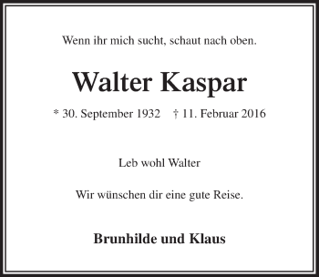 Anzeige von Walter Kaspar von  Lokalanzeiger 