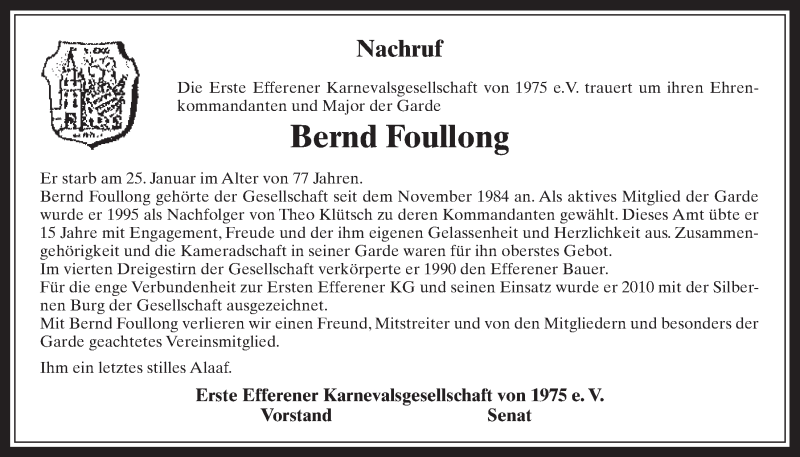  Traueranzeige für Bernd Foullong vom 17.02.2016 aus  Wochenende 