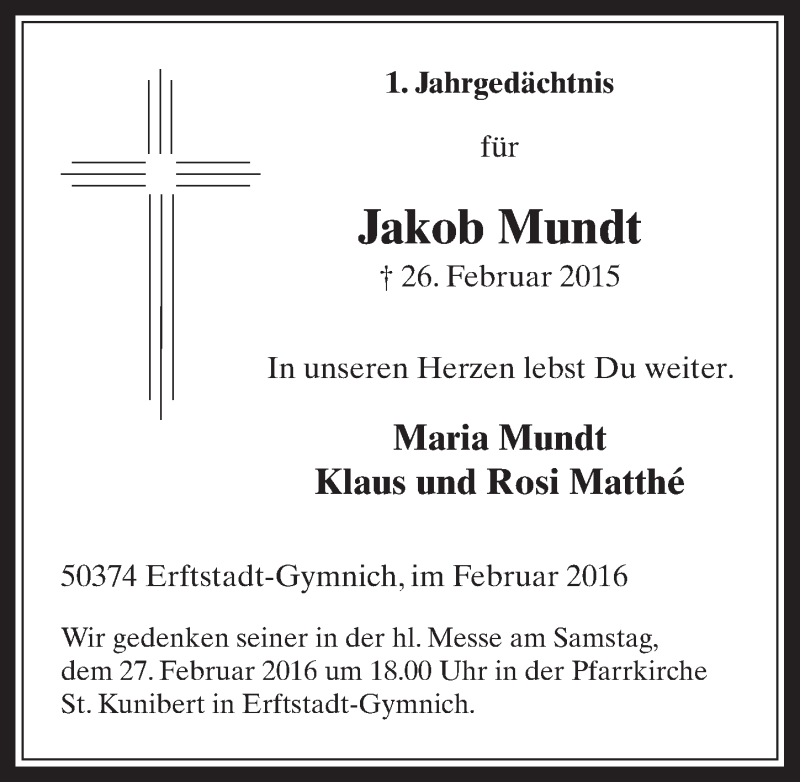  Traueranzeige für Jakob Mundt vom 24.02.2016 aus  Werbepost 