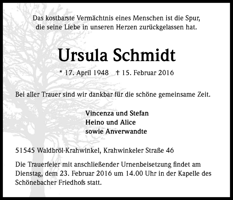  Traueranzeige für Ursula Schmidt vom 23.02.2016 aus Kölner Stadt-Anzeiger / Kölnische Rundschau / Express